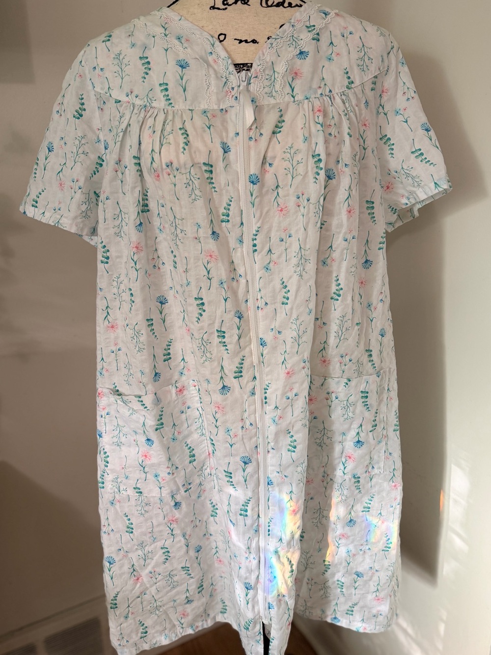 Croft & Barrow L White Floral Zip-Front Lace Pajama Dress Pockets Cottagecore